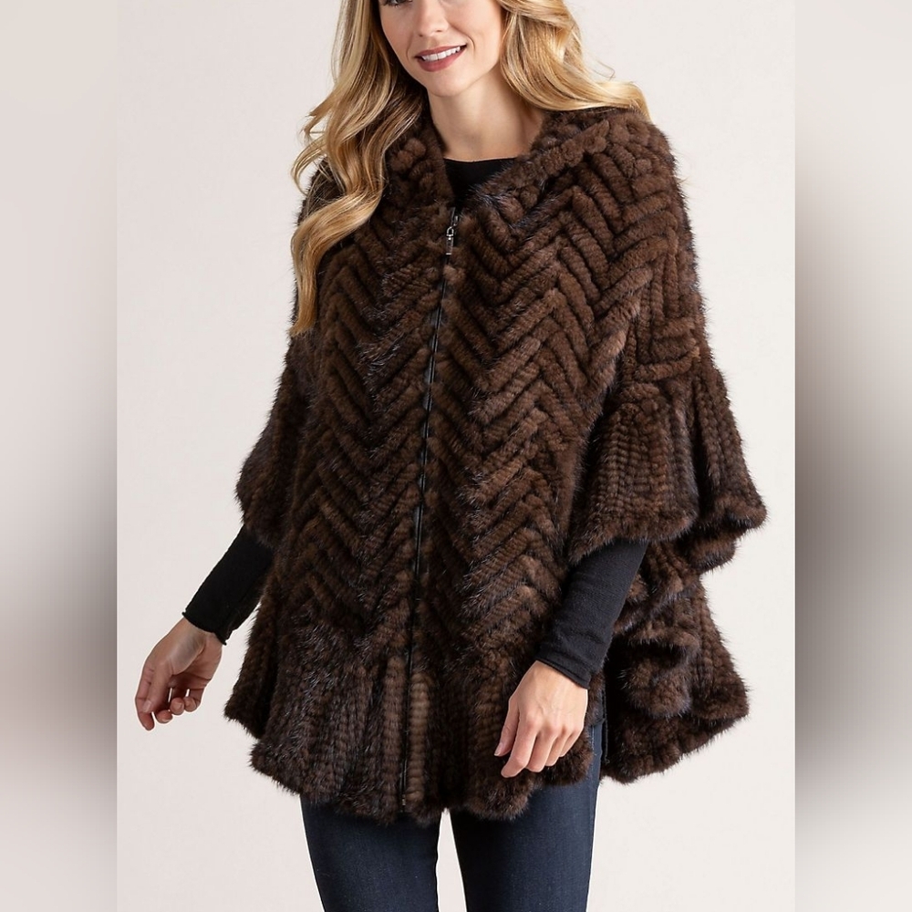 Belle Fare Knitted Mink Poncho Cape With Hood - Picture 12 of 13